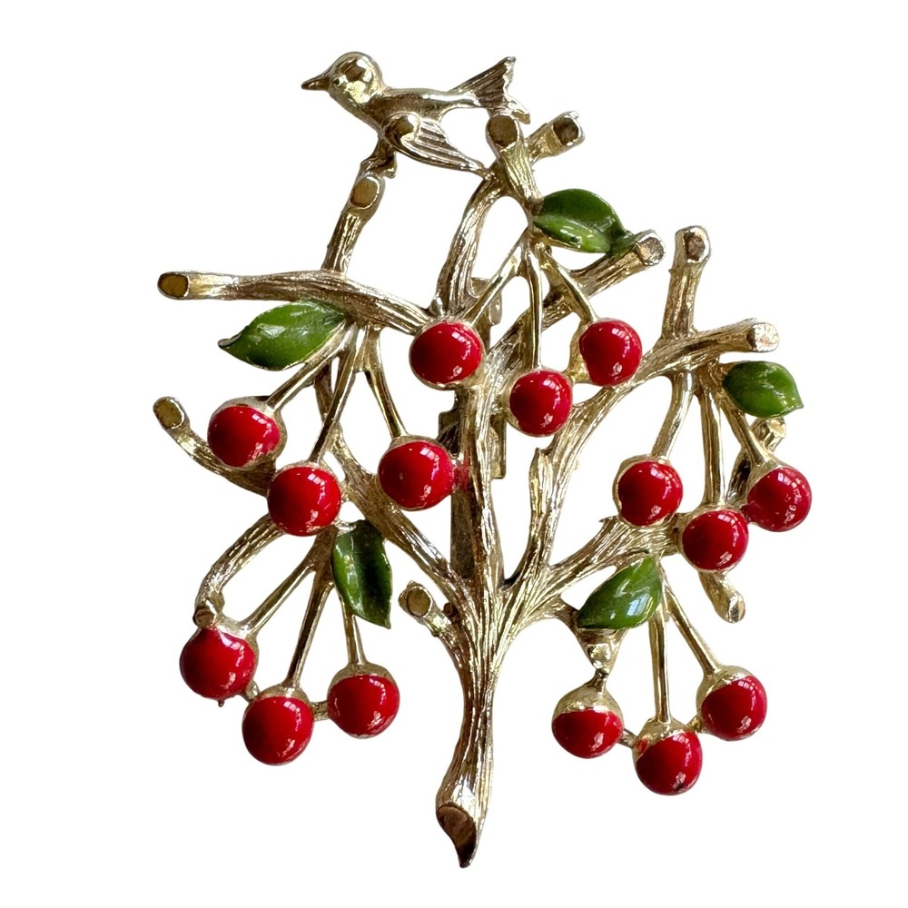 Vintage Gold Tone Cherry Tree Bird Brooch Red Enamel Figural Pin Fruit Nature